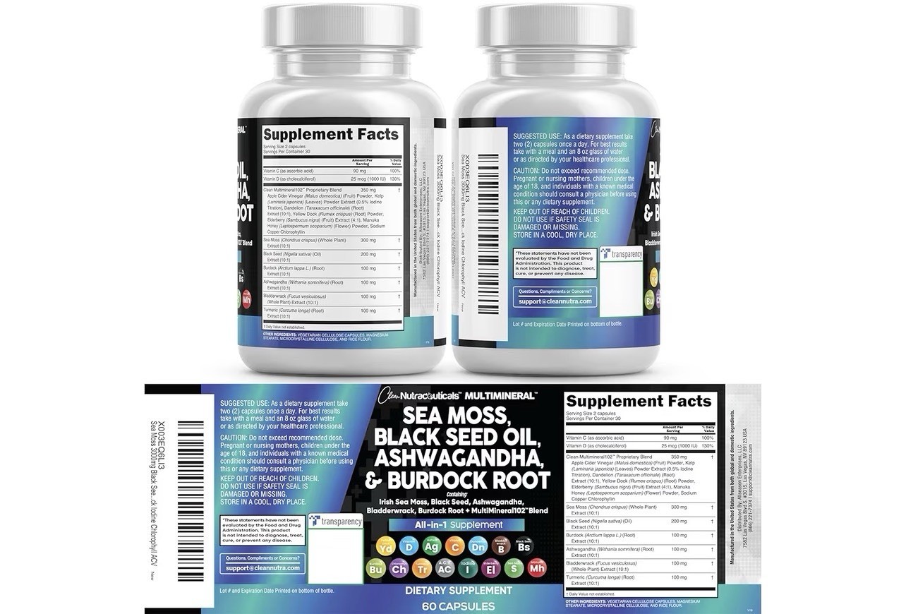 Clean Nutraceuticals Multimineral Sea Moss Black Seed Oil Ashwagandha 60 Capsul…