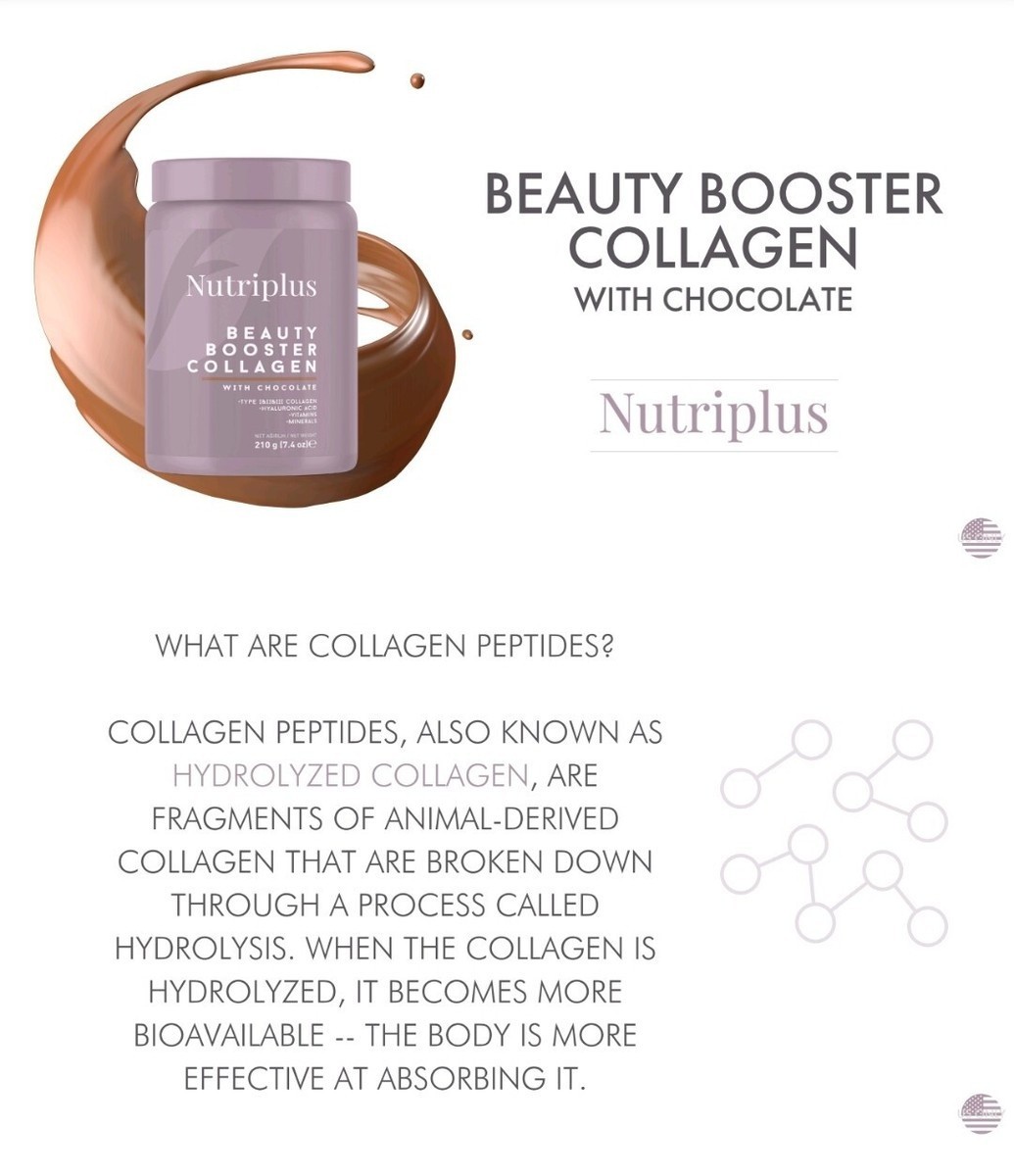 Nutriplus Beauty Booster Collagen Powder, Chocolate, Hyaluronic Acid 7.4 oz