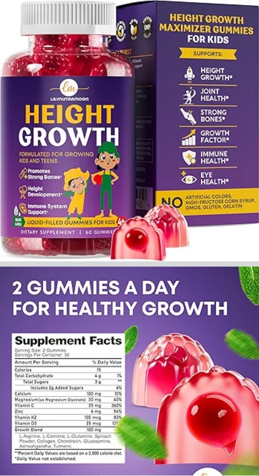 Height Growth Gummies Maximizer Vegan Joint Bone Immune 60 ct