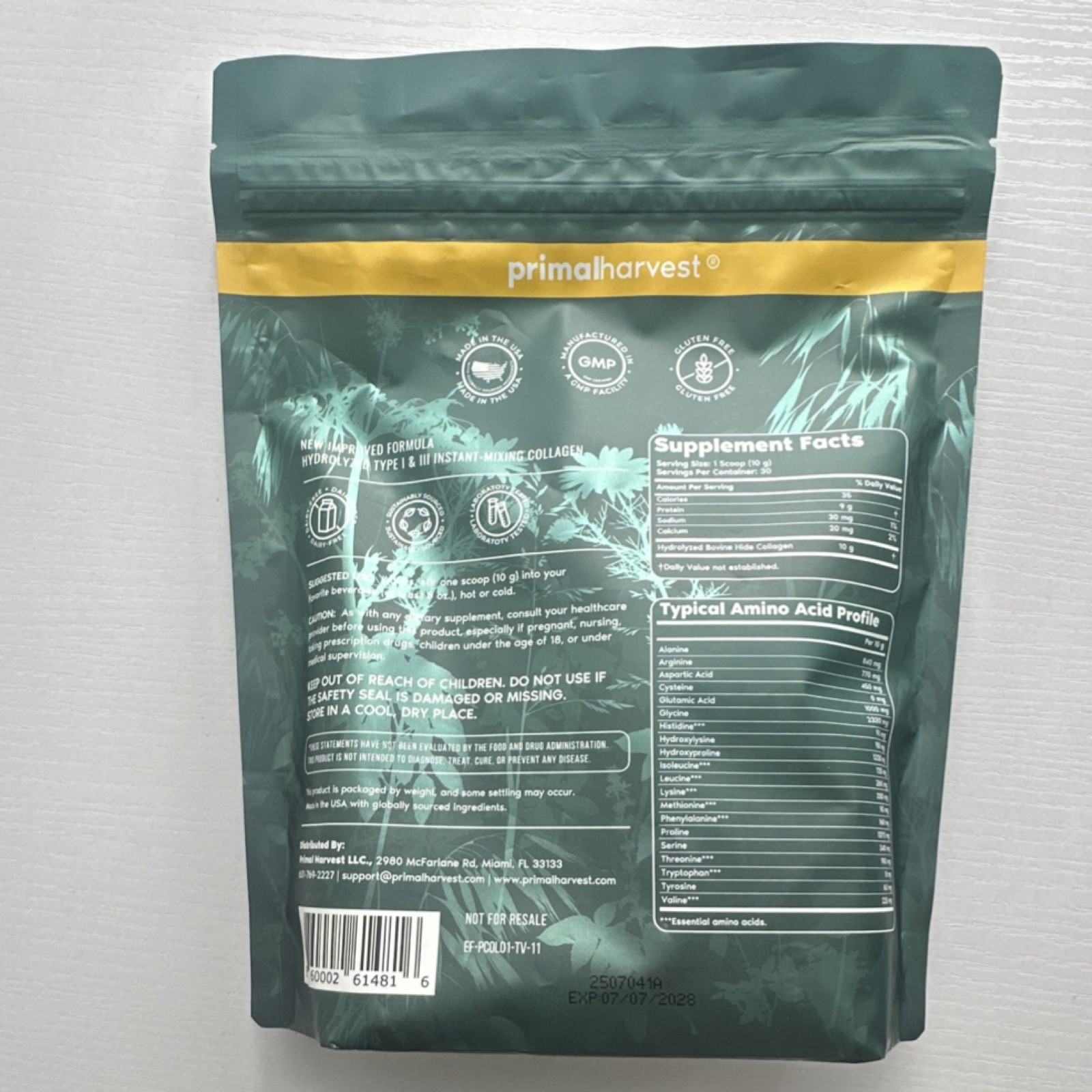 Primalharvest Collagen Powder Type I & III Unflavored 10.6oz Exp 07/2028