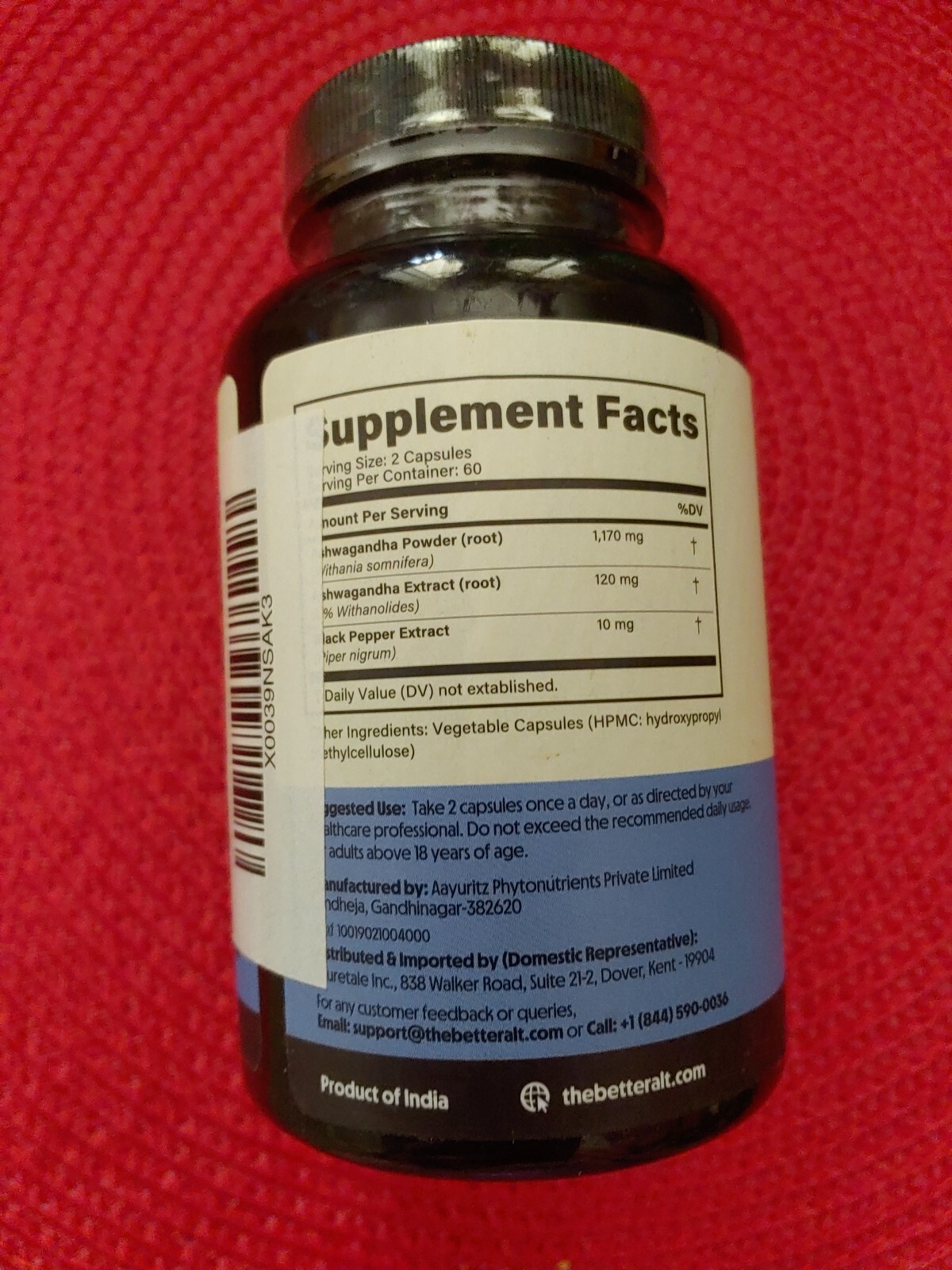 BTR ALT RELAX Ashwagandha 1300 mg w/ Black Pepper Extract /120 caps