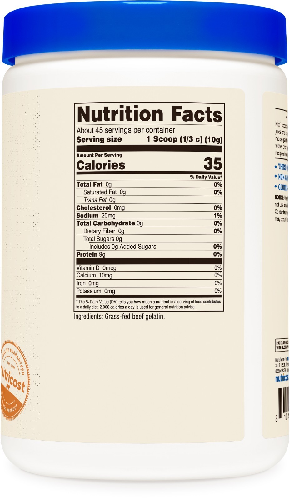Nutricost Grass-Fed Beef Gelatin Powder (1 LB) Unflavored – 9g of Protein