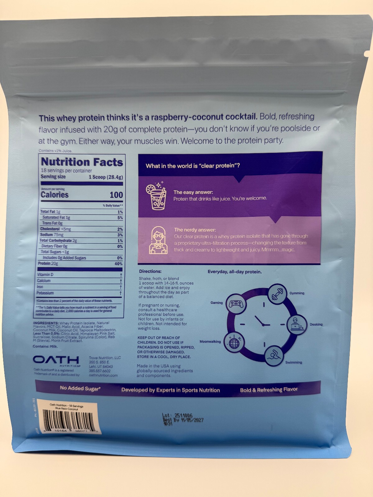 Oath Nutrition Clear Protein Blue Razz Coconut, 18 Servings, 18.3 oz, Exp. 7/27