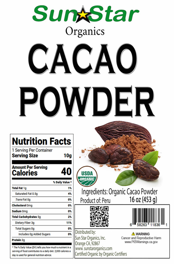 Sun Star Organics Peruvian Cacao Powder – 100% Organic – 1 lb (2 PACK)