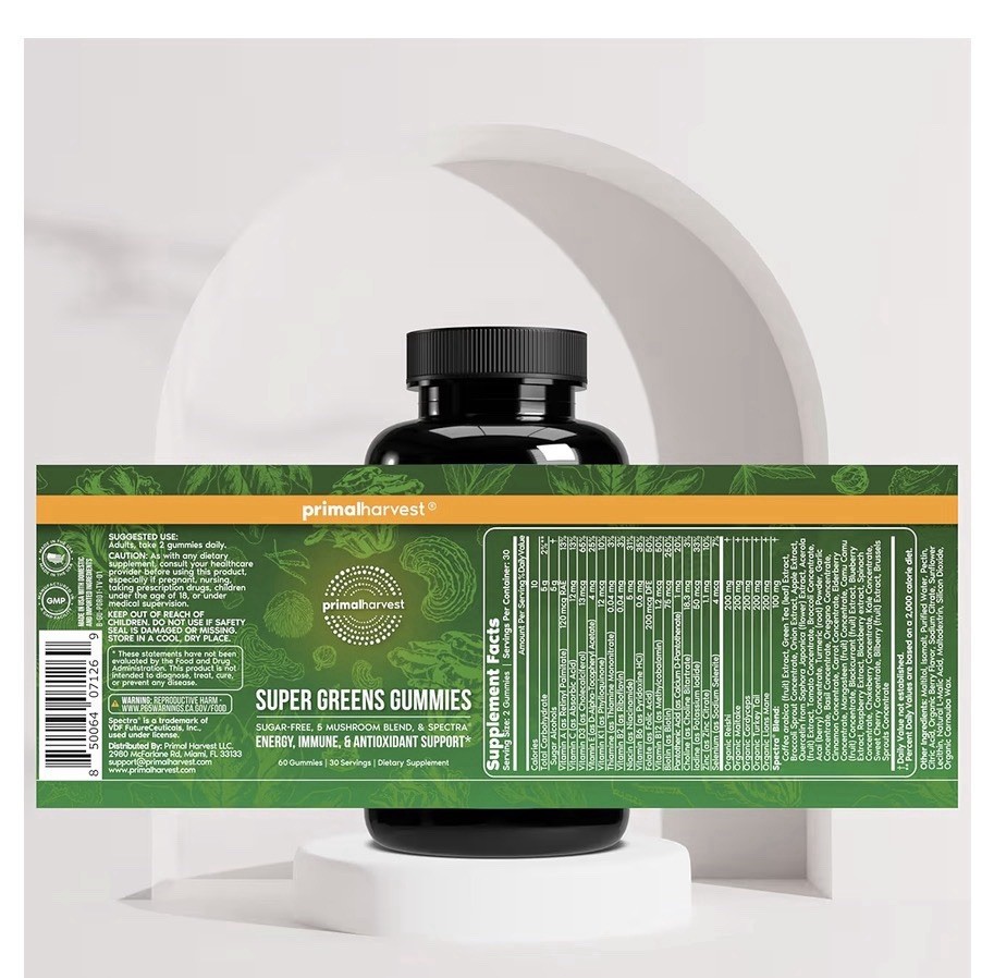 Primal Harvest Super Greens 60 Gummies Superfood Blend Antioxidant Immune Energy