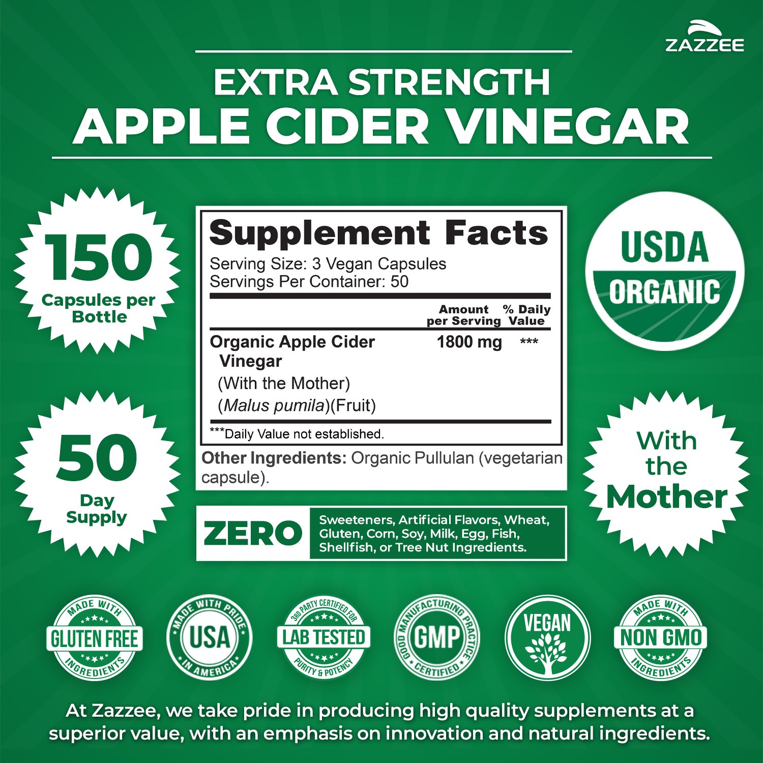 Zazzee USDA Organic Apple Cider Vinegar, With the Mother, 1800 mg per Serving