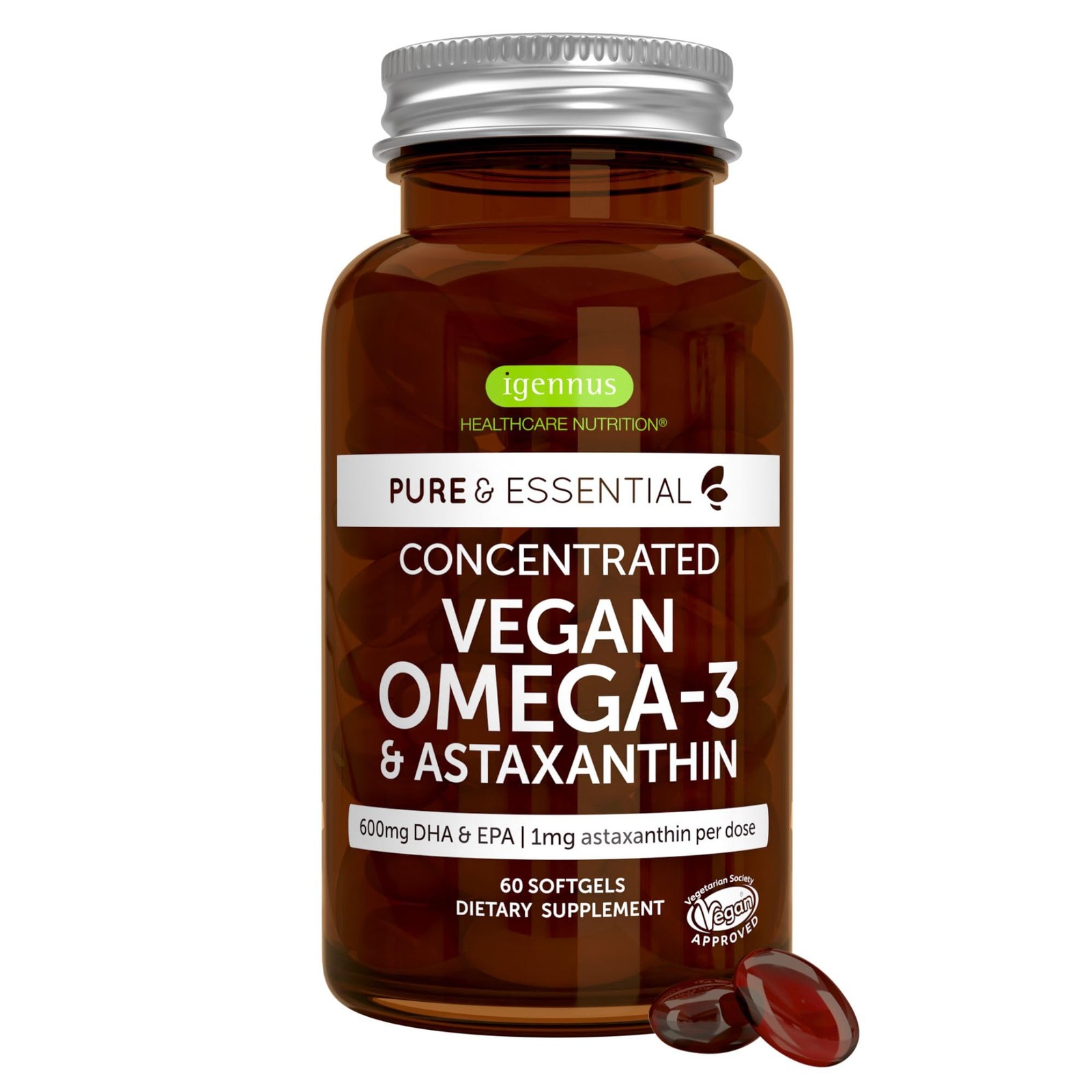 Igennus Vegan Omega-3 Algae Oil, IAOS Certified 60 Count (Pack of 1), Brown