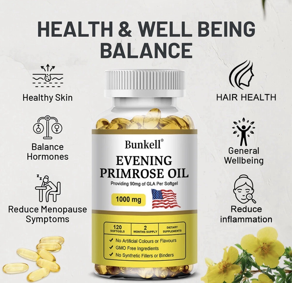 Bunkell Evening Primrose Oil Softgels Non-GMO 1000mg 120 Count