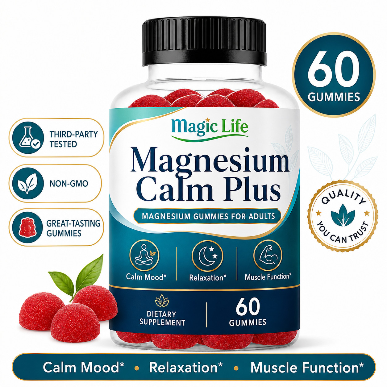 High Absorption Magnesium Citrate Gummies for Adults- Calm Mood, Relax Mind 60ct