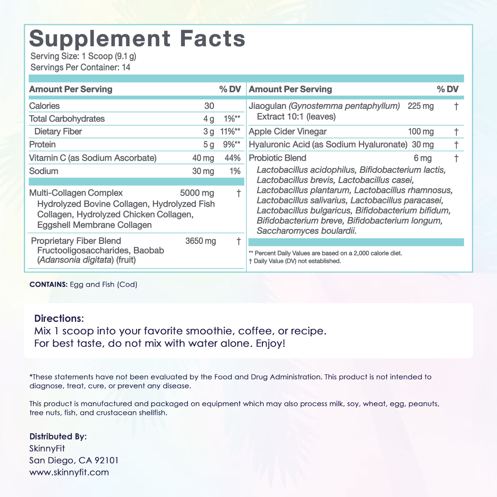 SkinnyFit Super Youth Collagen Peptides Powder Unflavored Probiotics 14 Servings