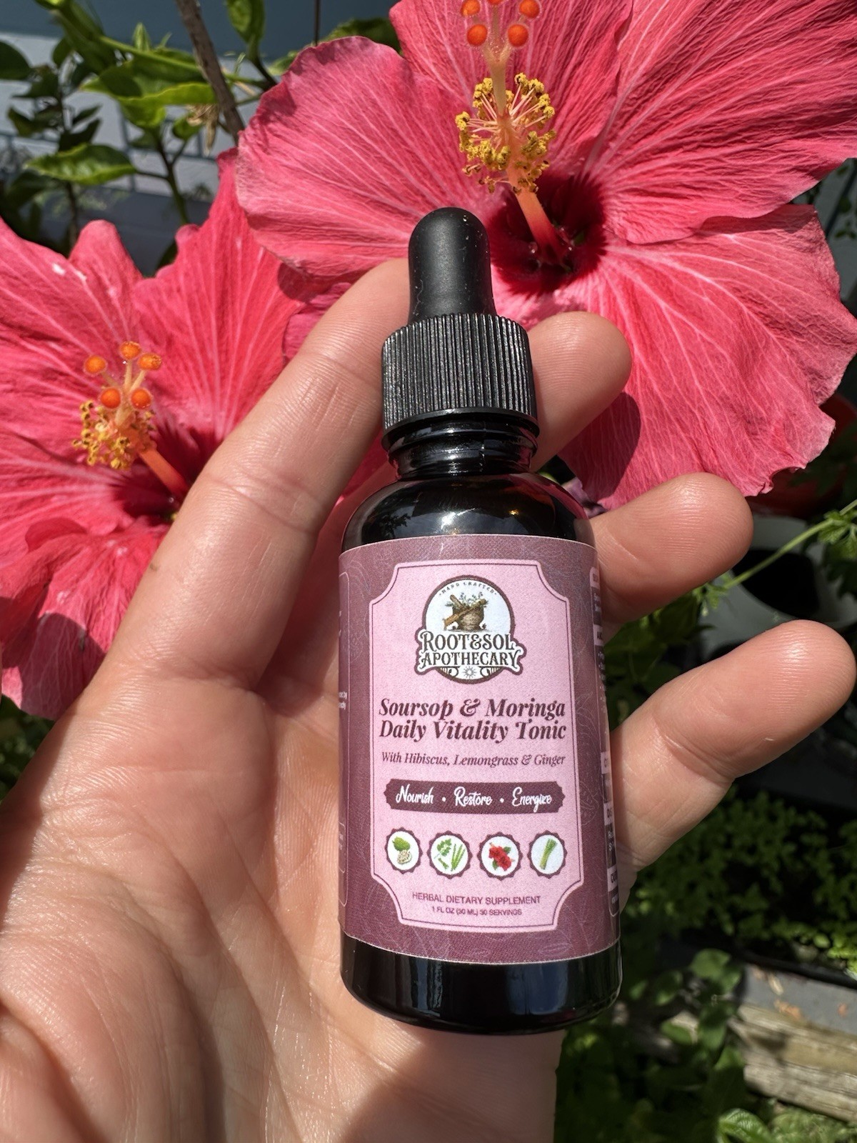Root & Soil Apothecary Soursop Moringa Hibiscus Ginger Lemongrass Tonic 1 fl oz