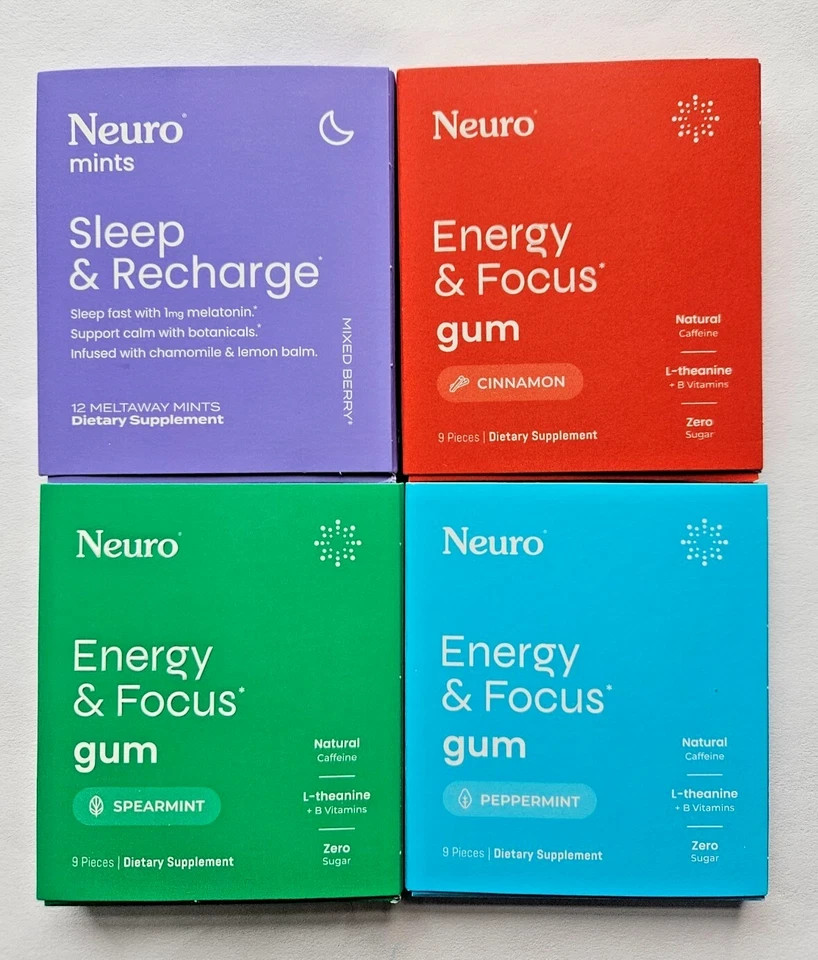 4 PK Neuro Gum Variety Sampler L-theanine B-12, B-6, Caffeine Energy Focus Sleep