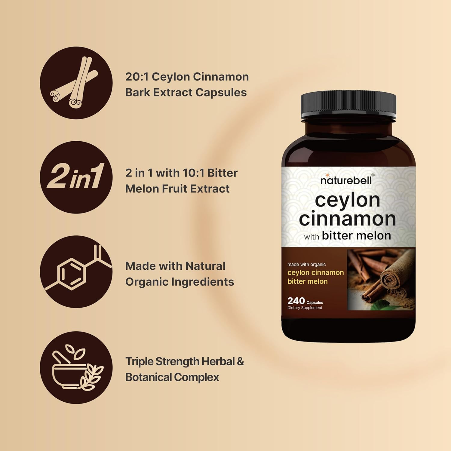 Ceylon Cinnamon per Serving, 240 Capsules | Made with Organic Sri Lanka Ceylon C