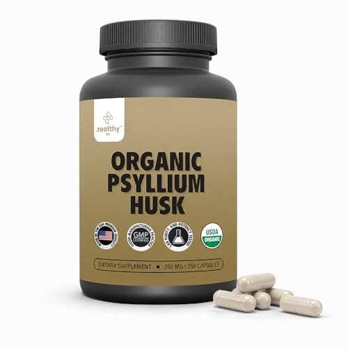 Organic Psyllium Husk Capsules 750 mg, Natural Fiber Supplement for Gut