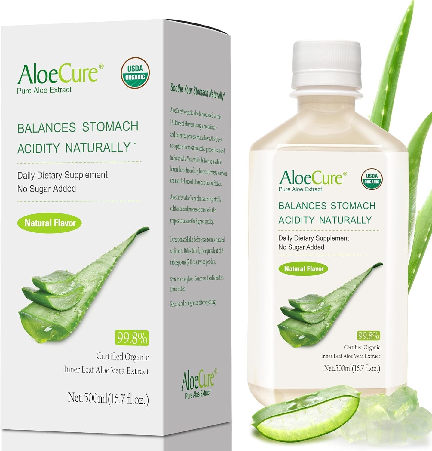 AloeCure Pure Aloe Vera Juice Supplement 99.8% Organic Inner Leaf Natural Flavor