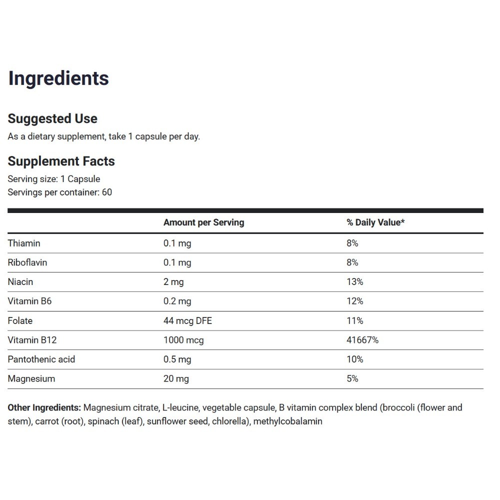 Natural Vitamin B12 – with B complex and Magnesium – 1000 mcg of Methylcobalamin