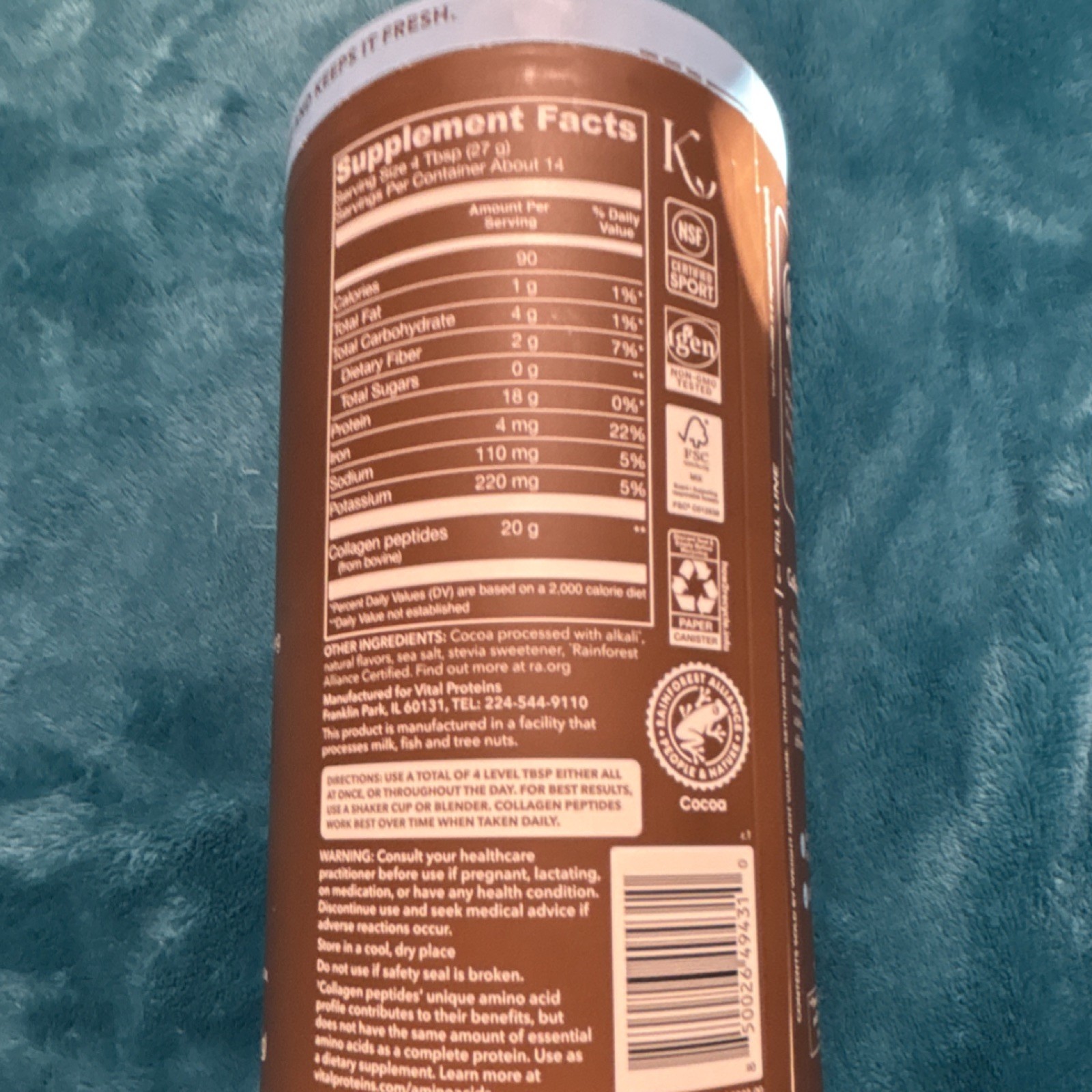 Vital Proteins Collagen Peptides Chocolate Powder 13.5 oz Hair Skin Joint Health