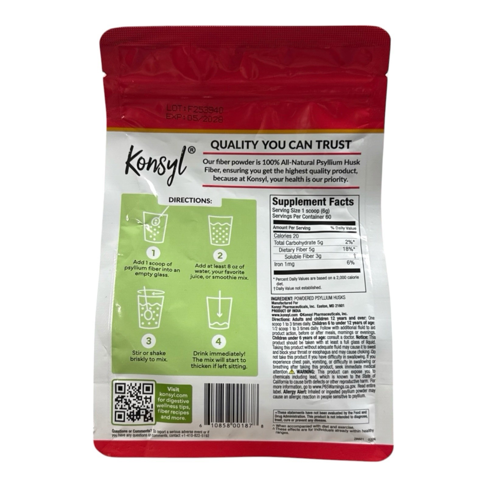 Konsyl Daily Psyllium Fiber All Natural Fiber Powder GF NonGMO 12.7 oz EXP 05/28