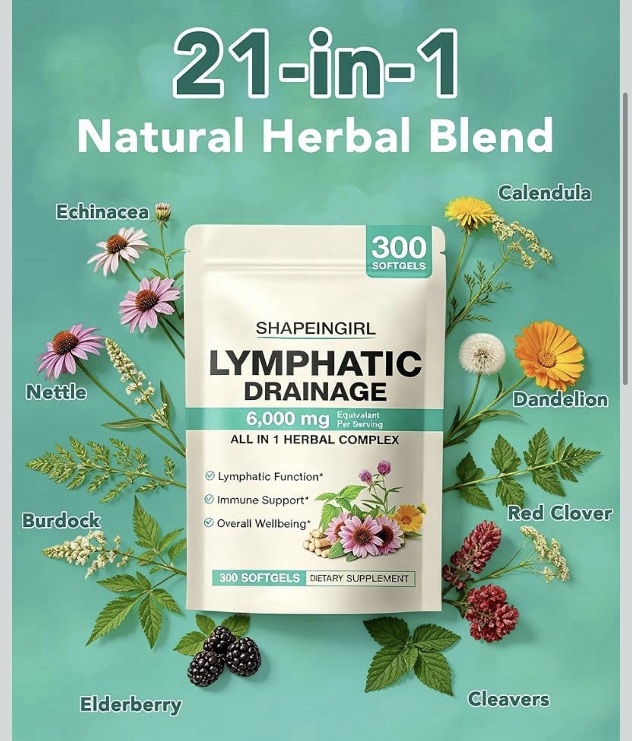SHAPEINGIRL Lymphatic Drainage Herbal Complex 6,000mg 300 Softgels