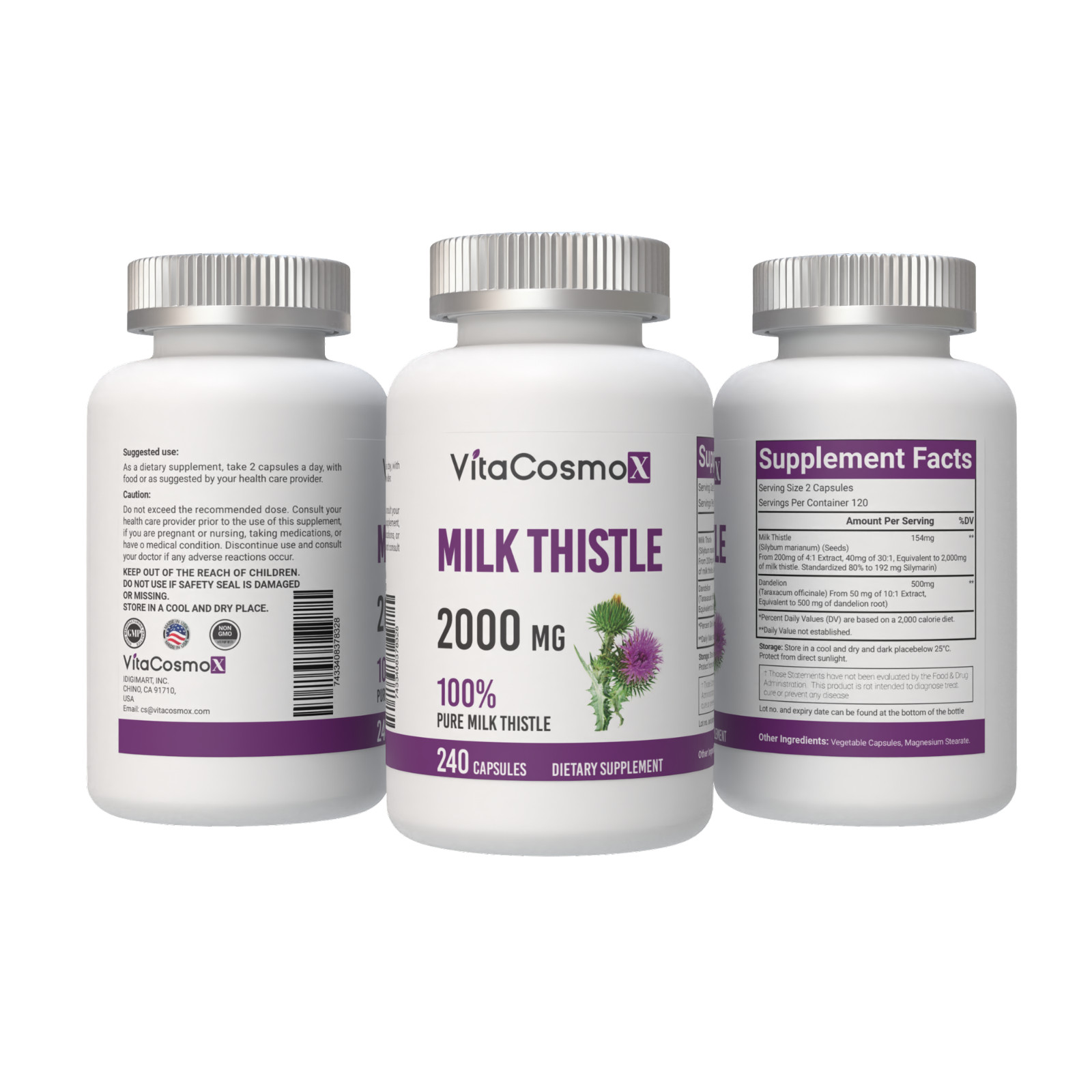 VitaCosmoX Milk Thistle Dandelion Root 2000mg , 240 Vegetarian Capsules