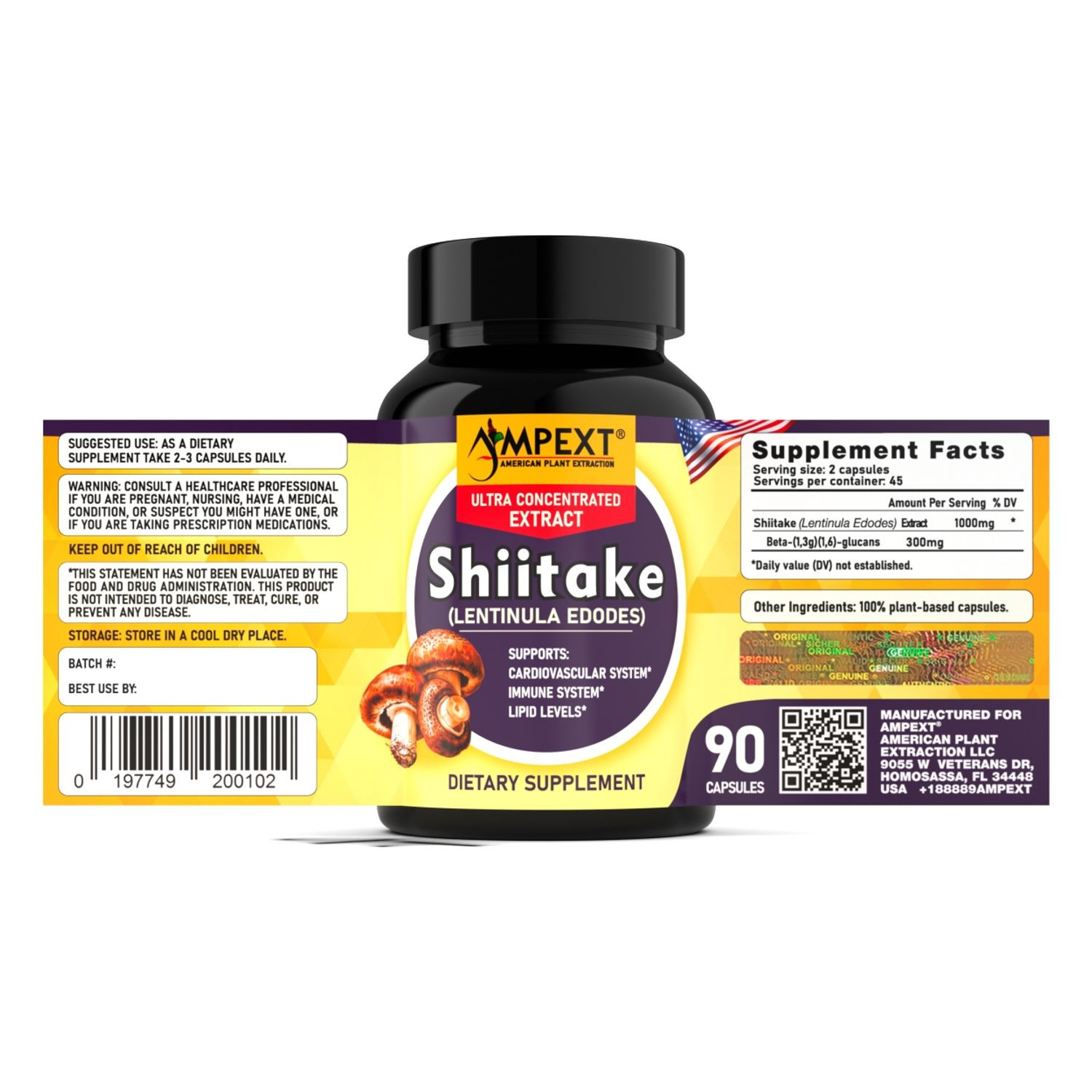 Shiitake Extract – Only Fruiting Bodies, Over 30% Beta-Glucans, 90 caps