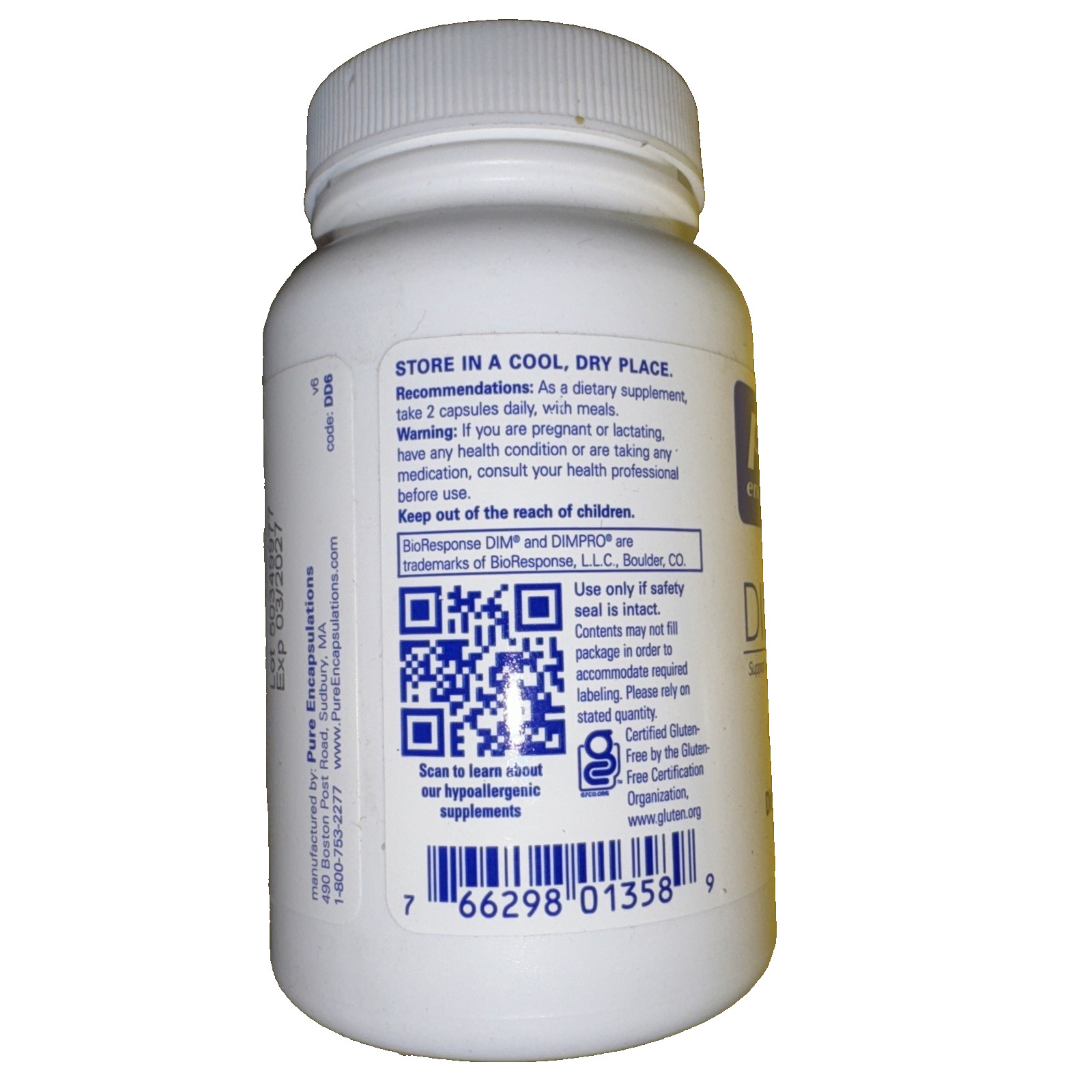 Pure Encapsulations DIM Detox Supplement Diindolylmethane Caps 60 Count EX 03/27