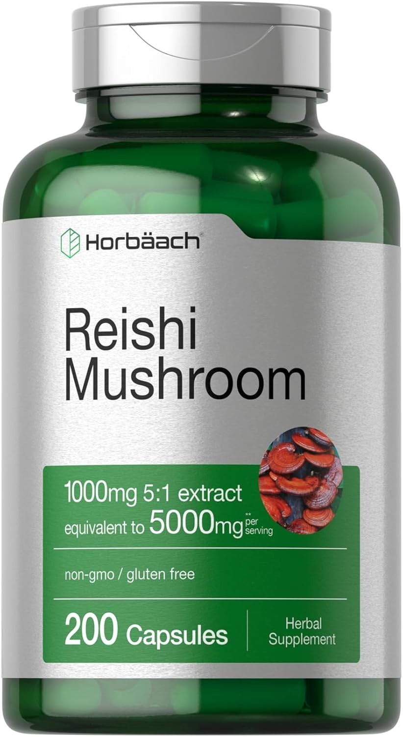 Horbäach Reishi Mushroom Capsules 5000mg 200 Count Caps ~ Exp 11/28