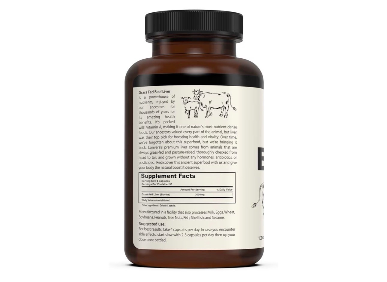LONVERA Grass Fed Beef Liver Supplement 750 mg Capsules, 120 Count