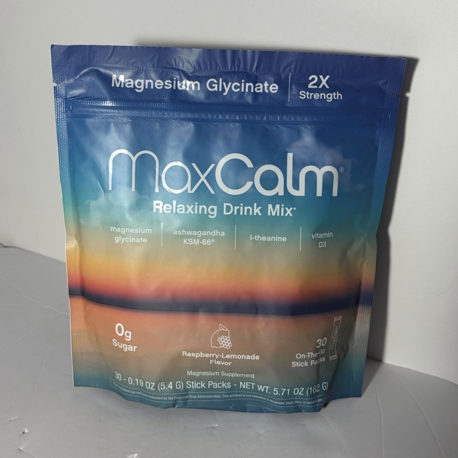 MaxCalm Magnesium Glycinate 2X Strength Drink Mix Raspberry-Lemonade 30ct
