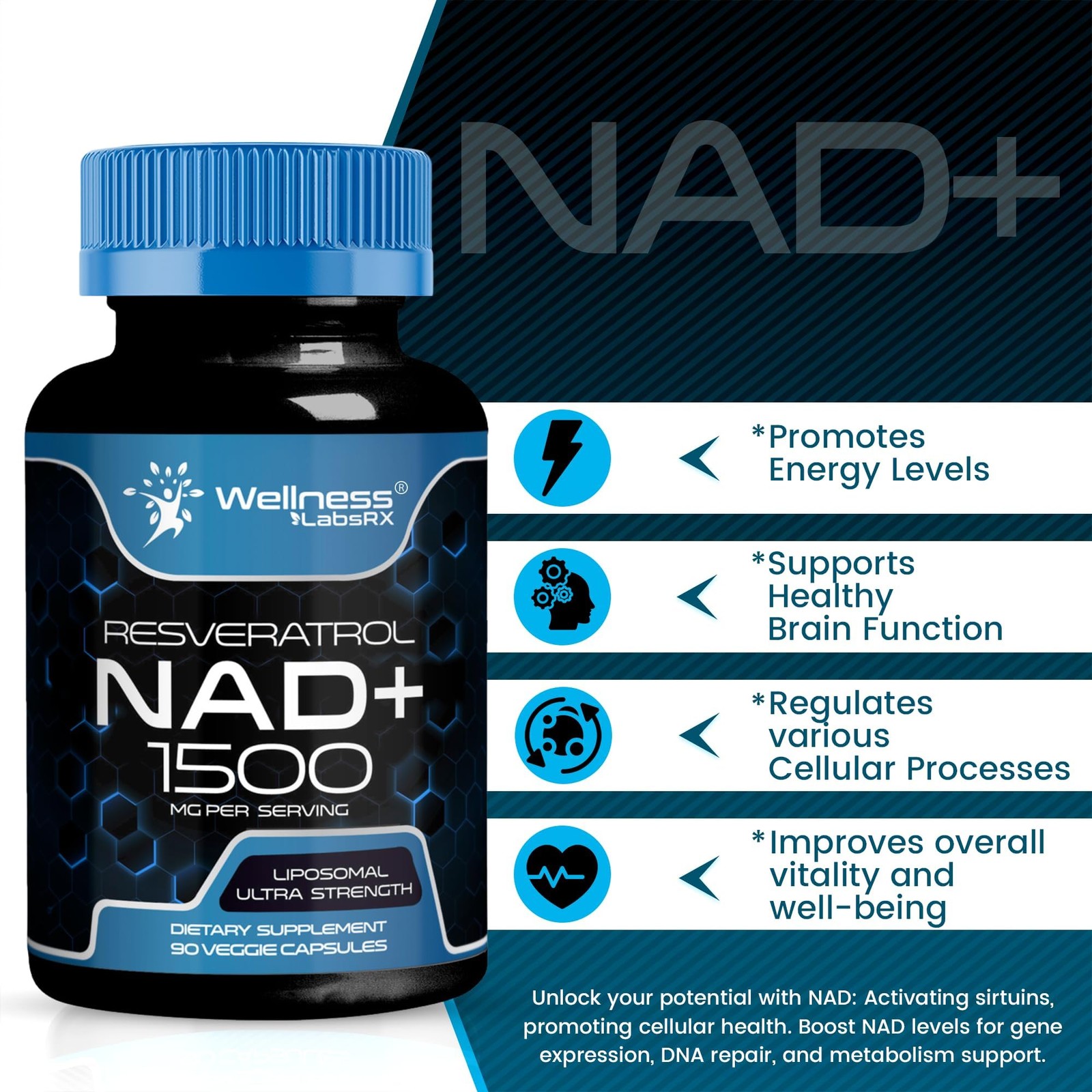 Wellness LABSRX Liposomal NAD 1500mg USA NAD Resveratrol Energy 90 Count