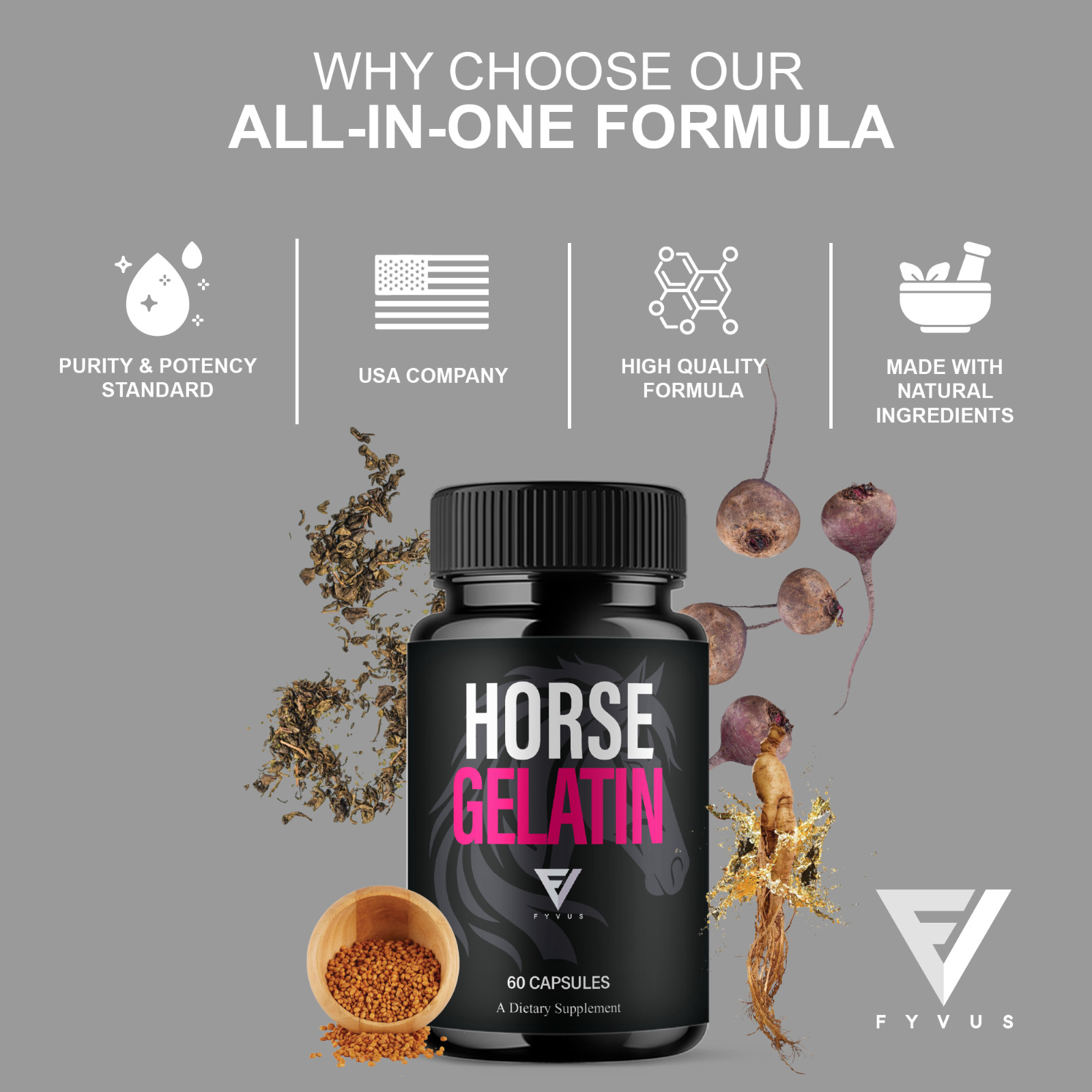 (2 Pack) Horse Gelatin Performance Capsules, Horse Gelatin Pills (120 Capsules)