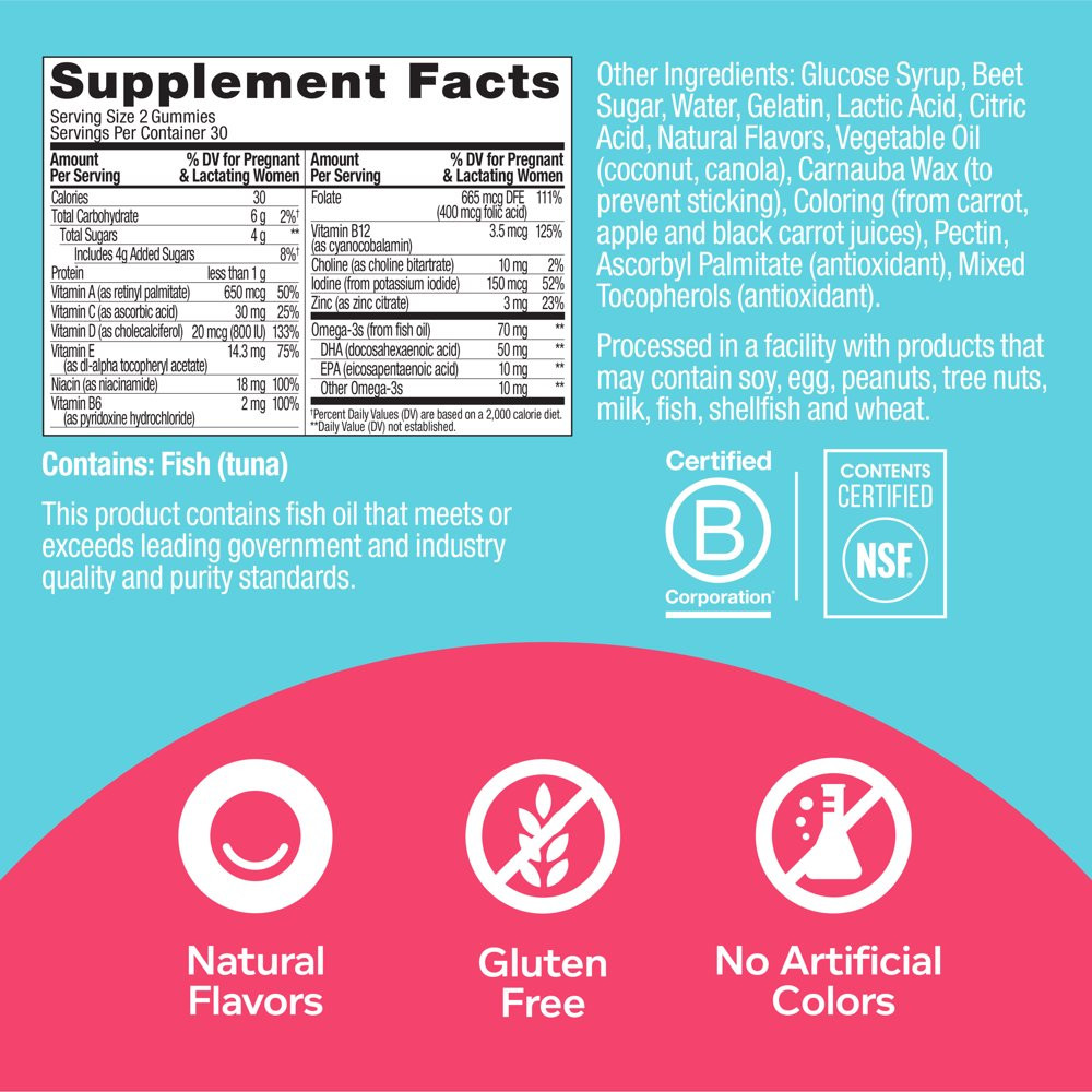 OLLY Prenatal Multivitamin Gummy, for Women, Folic Acid, Vitamin D, Omega 3 DHA,
