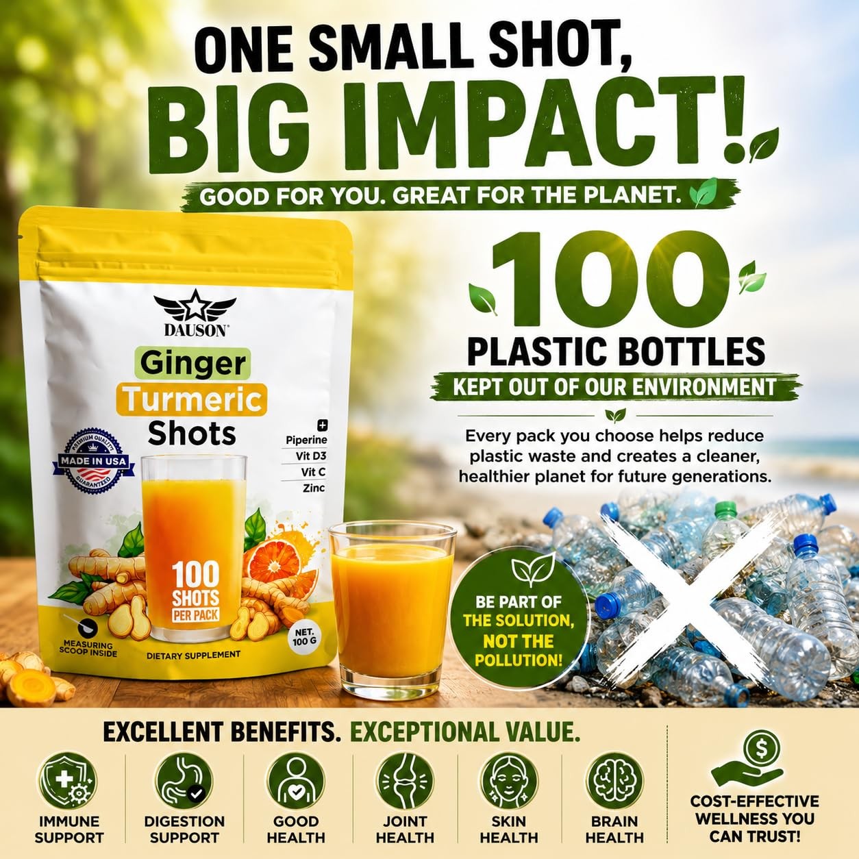DAUSON Ginger Shots | Daily Wellness 100 Servings (Pack of 1), Yellow