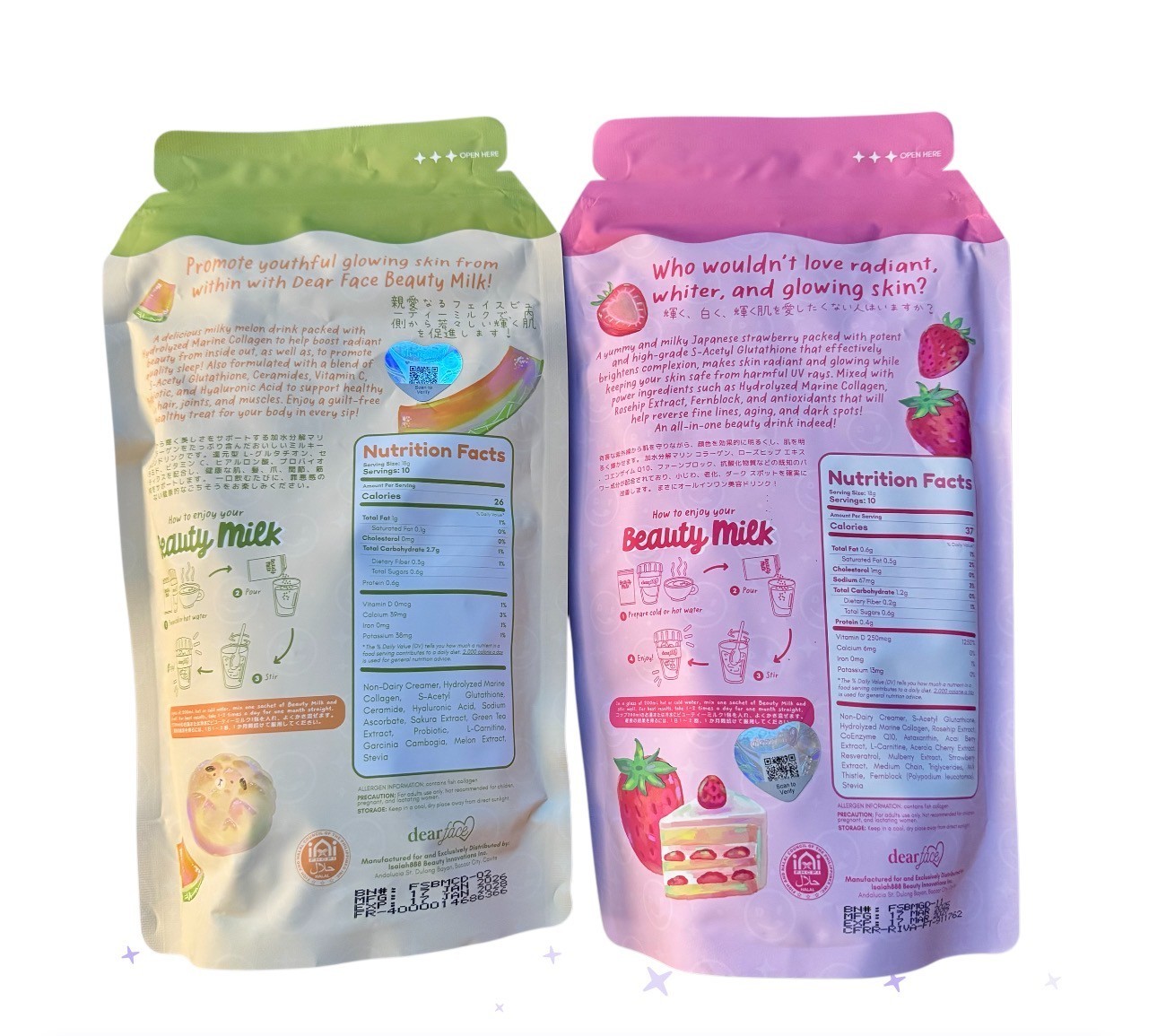 2 Packs Dear Face Beauty Milk Japanese Collagen STRAWBERRY & MELON Drink