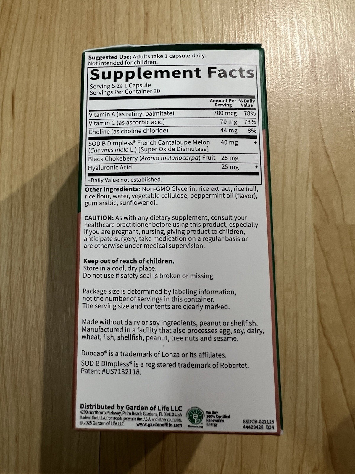 Garden of Life Skin Smooth Sustained Release Mint 30 Capsules SOD B Dimpless