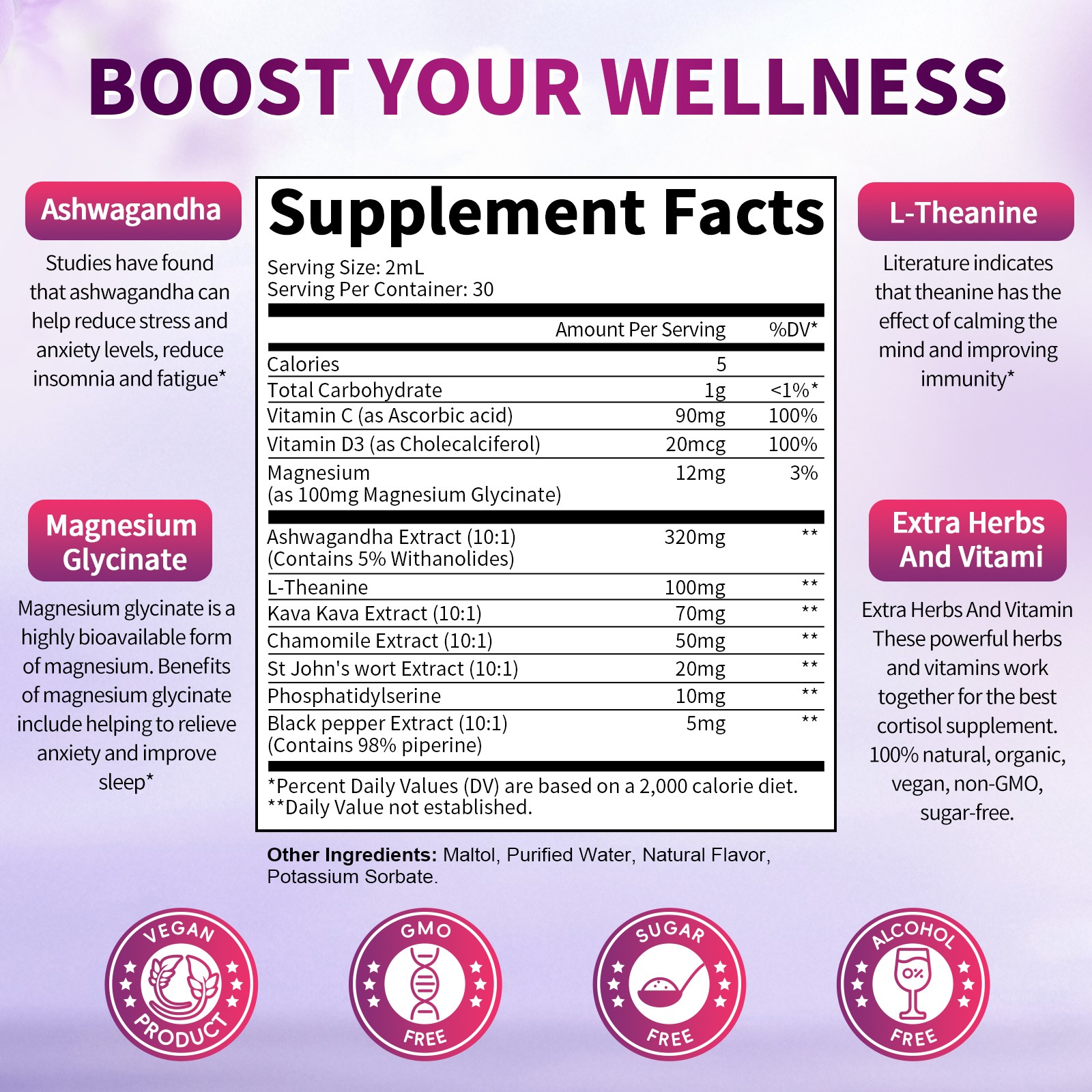 Cortisol Supplements for with Magnesium, Ashwagandha Mood, Focus, Sleep -2 FL.OZ