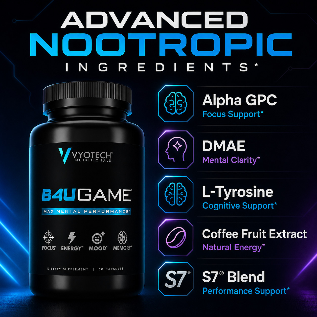 B4UGAME Vyotech Nootropic Brain Booster Supplements Max Mental Performance 3 Bt
