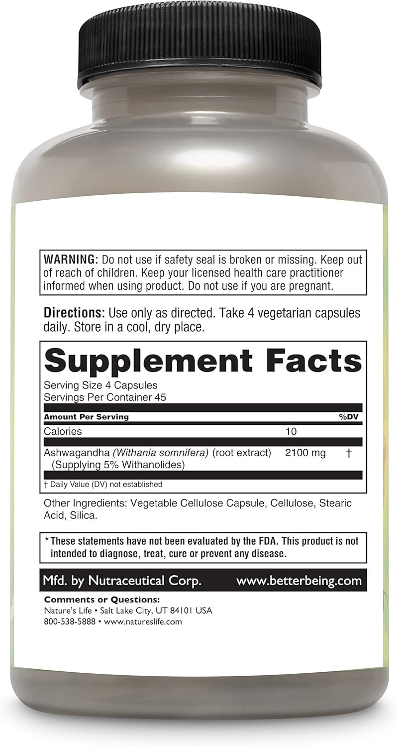 NATURE’S LIFE ASHWAGANDHA PURE ROOT EXTRACT 2100 MG 180 VEGAN CAPSULES