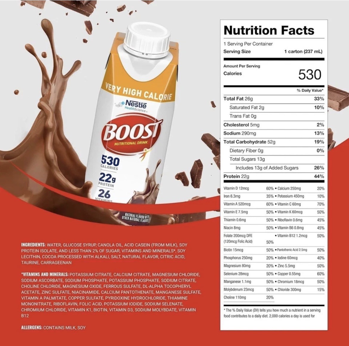 Nestle Boost Very High Calorie Complete Nutritional Drink Chocolate 8oz 24 Ct