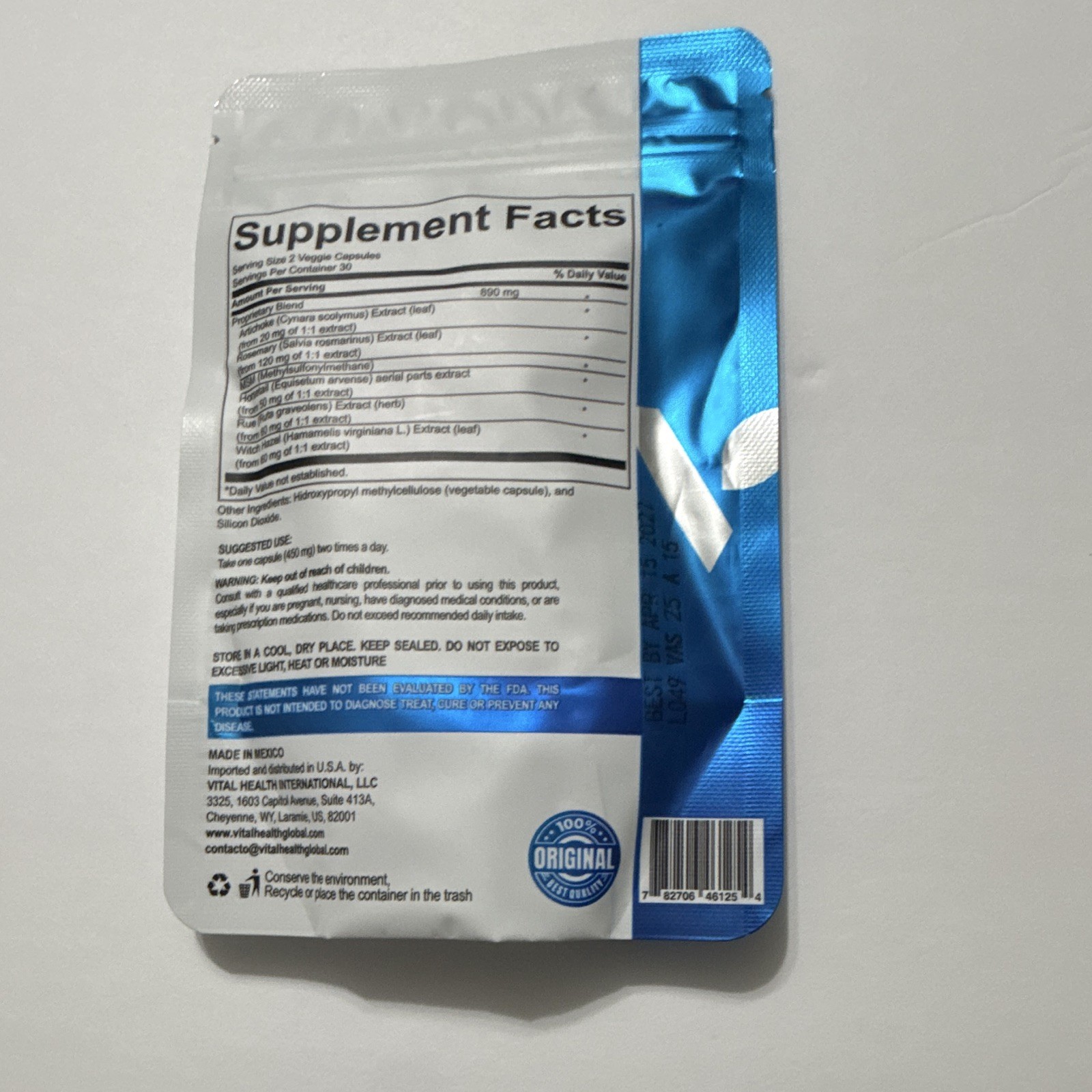 VitalHealth V-ASCULAX Artichoke Rosemary MSM 60 Capsules Non-GMO
