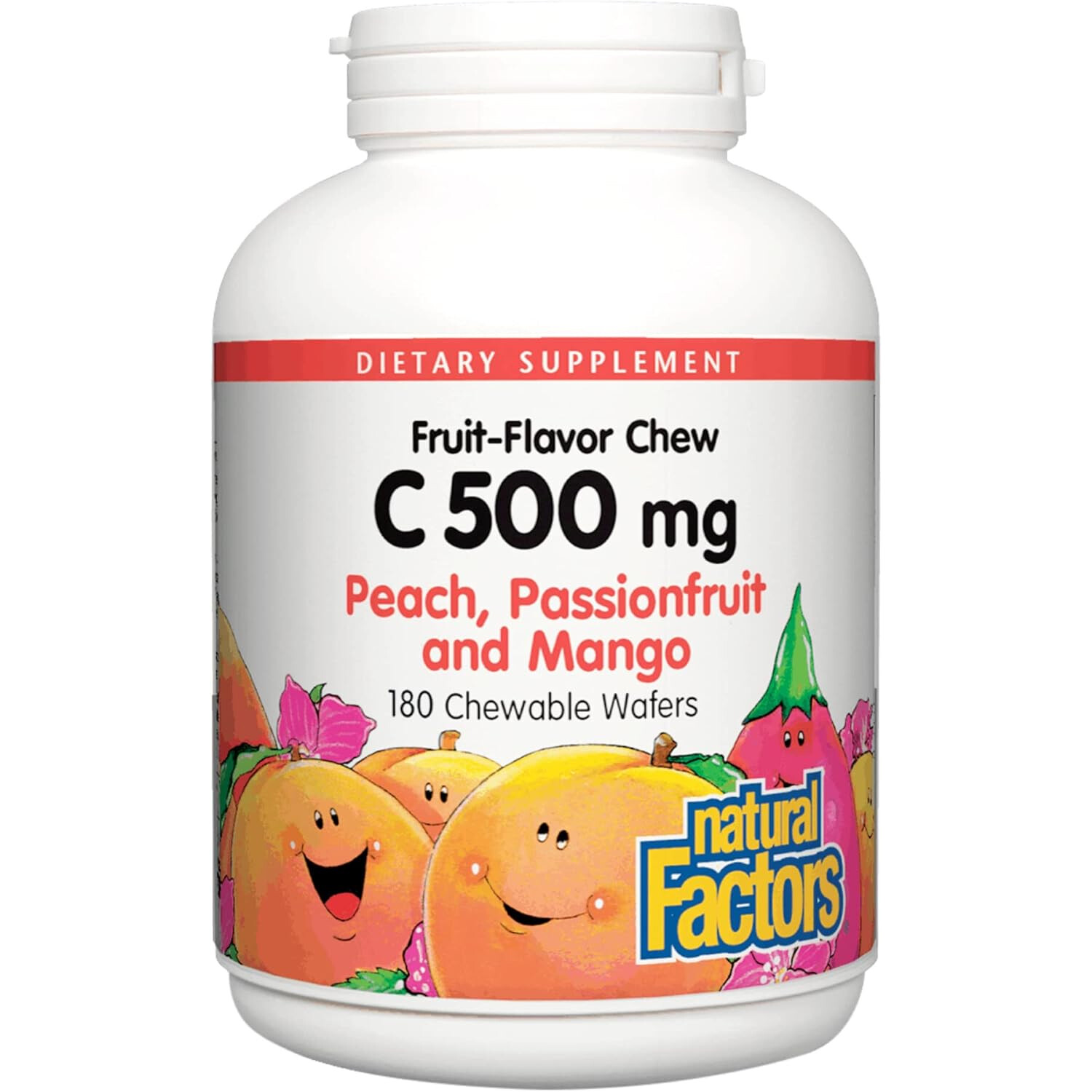 Natural Factors Vitamin C 500mg,Peach&Passionfruit&Mango,90 Chewable Wafers