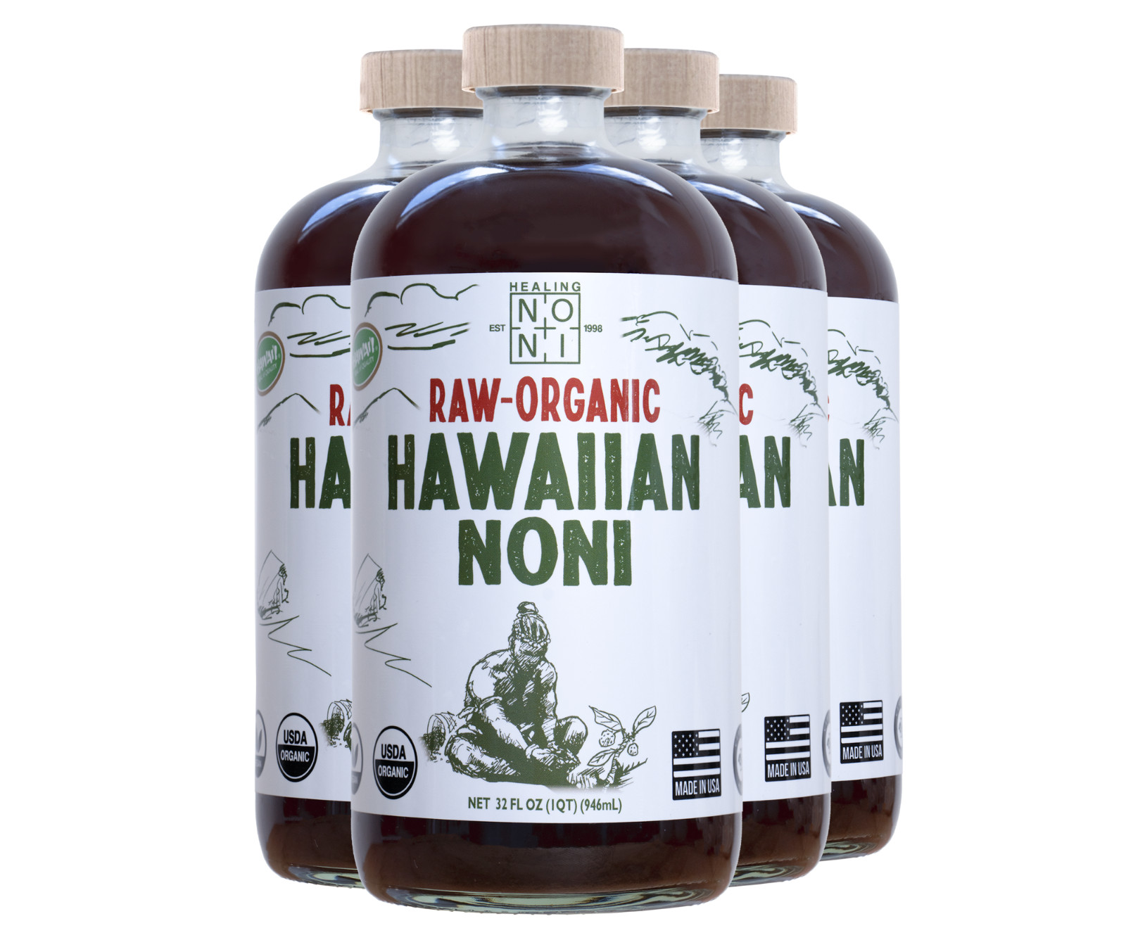 Healing Noni ® – RAW (UNPASTEURIZIED) Certified Organic Noni Juice – 4 x 32oz