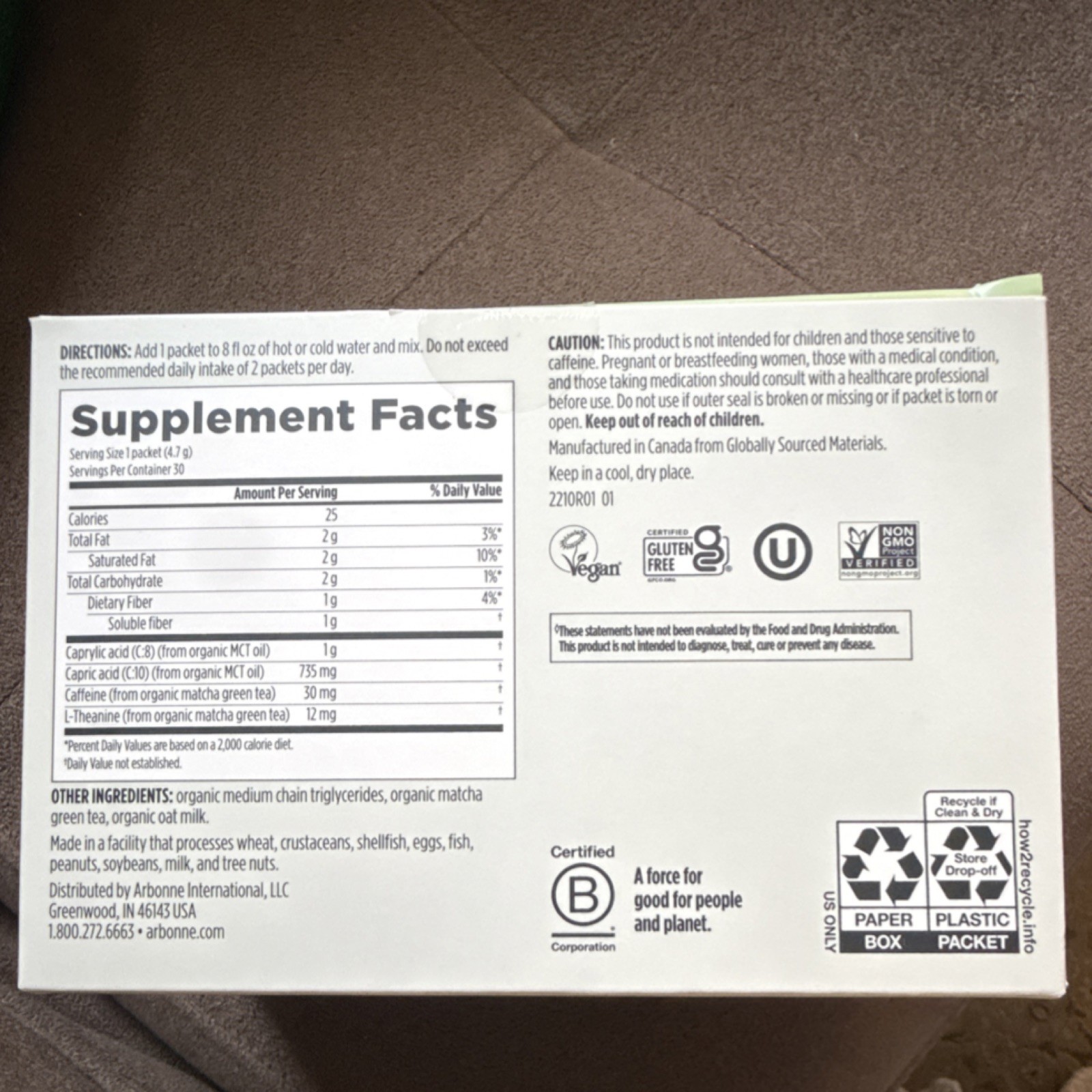 Arbonne Morning Matcha Japanese Matcha Green Tea MCT Dietary Supplement