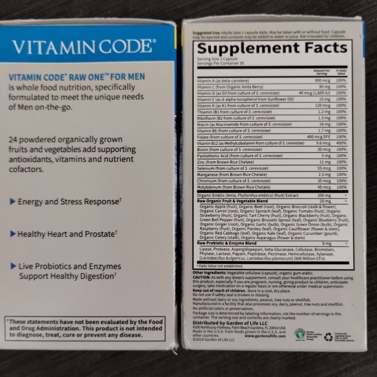 2) Garden of Life Vitamin Code Raw One for Men 30 Capsules Each -Exp: 09/26 -NEW