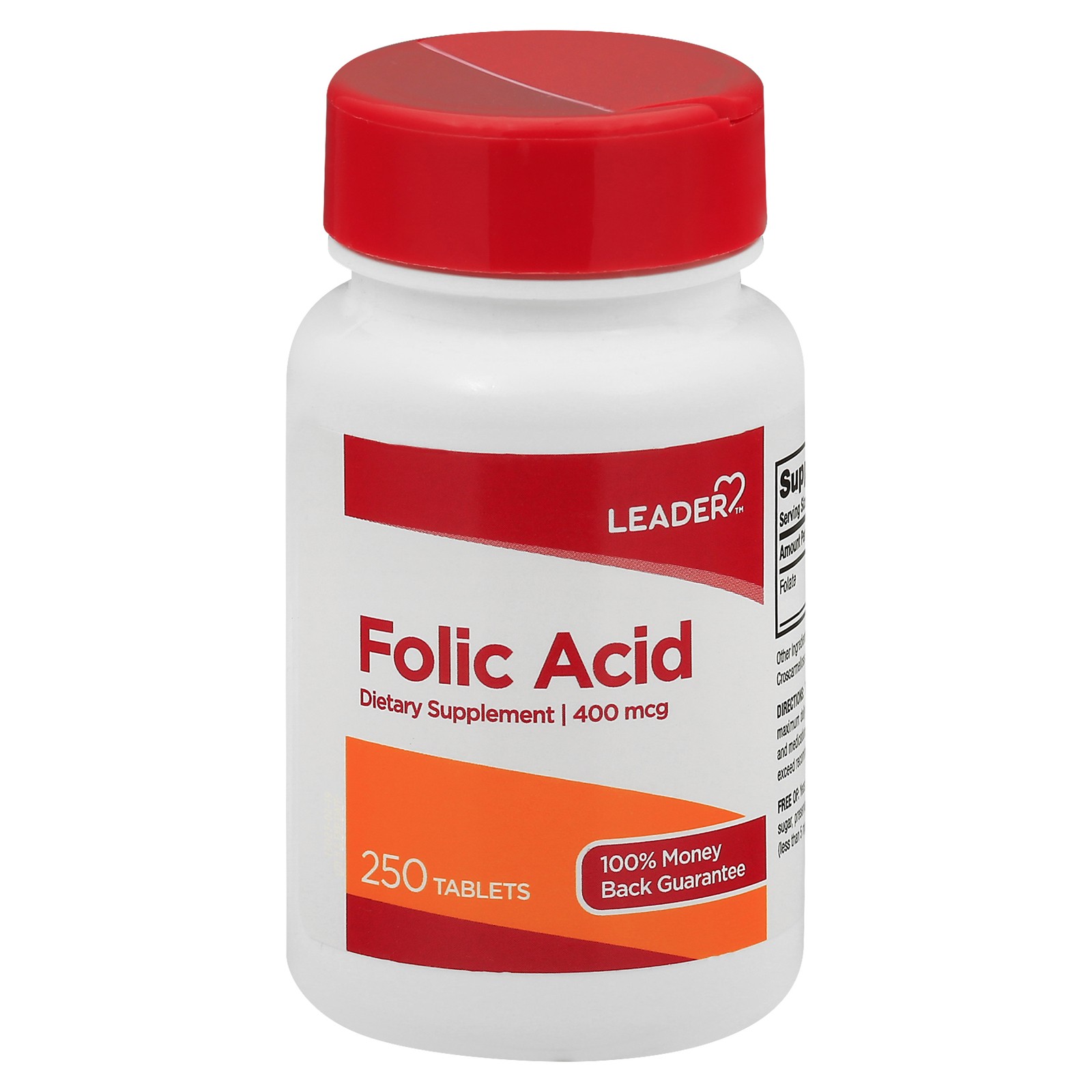 Leader Folic Acid 400 mg Tablets Dietary Supplement Brain Health 250 Count