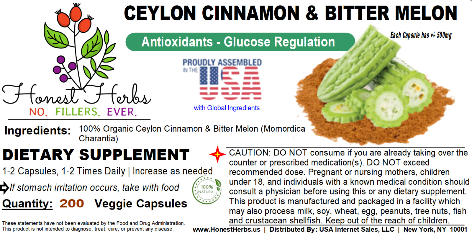Honest Herbs Ceylon Cinnamon & Bitter Melon Blend – 200 Veg. Caps (500mg)