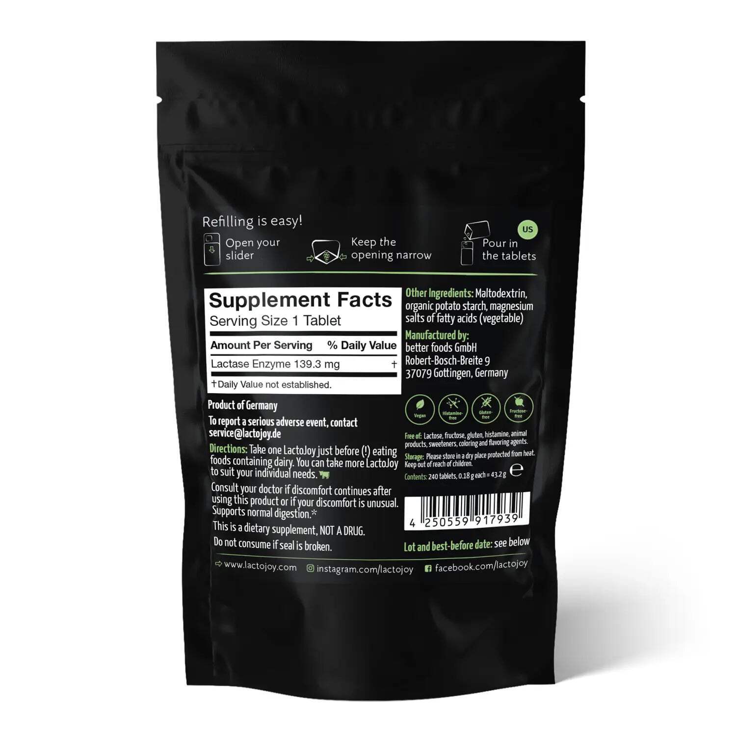 LactoJoy lactase pills – 14,500 FCC-units – Refill bag – 240 pills