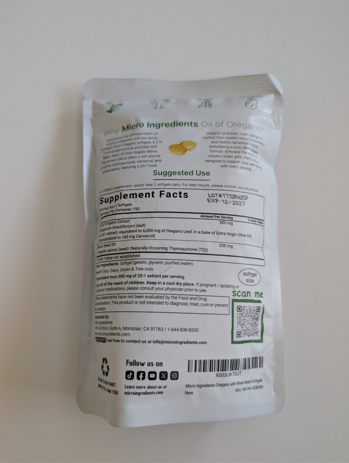 Micro Ingredients Oil of Oregano + Black Seed Oil Softgels GMO-Free 300 Ct