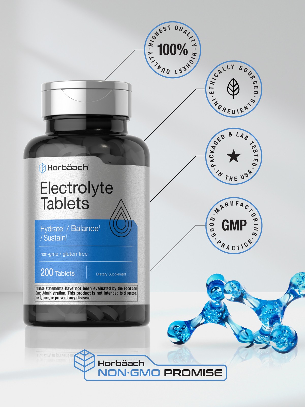 Electrolyte Tablets | 200 Count | Vegetarian, Non-GMO | by Horbaach