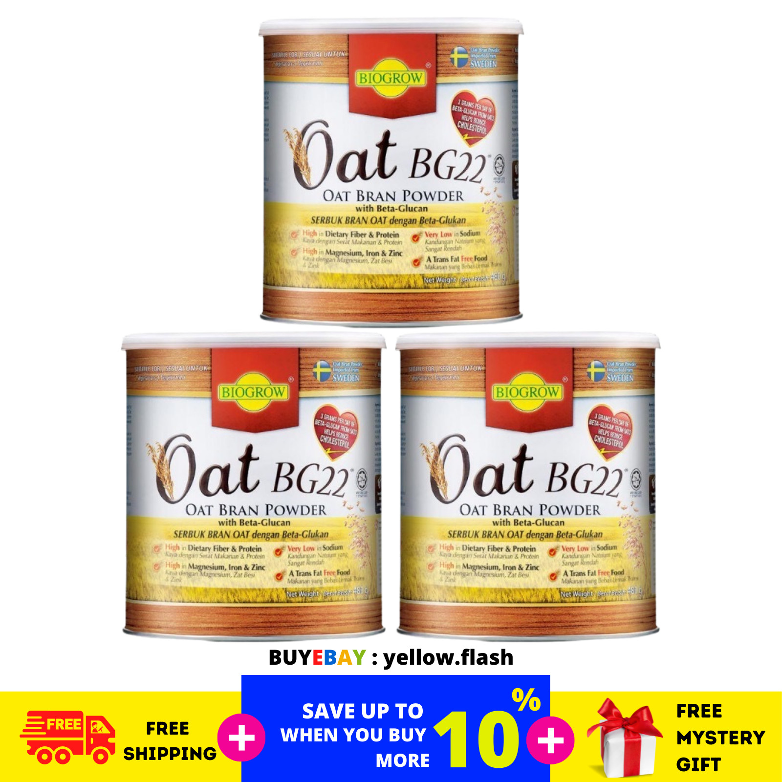 Biogrow Bg22 Oat Beta Glucan Powder 480G X 3 Tins , Lowers Cholesterol Naturally
